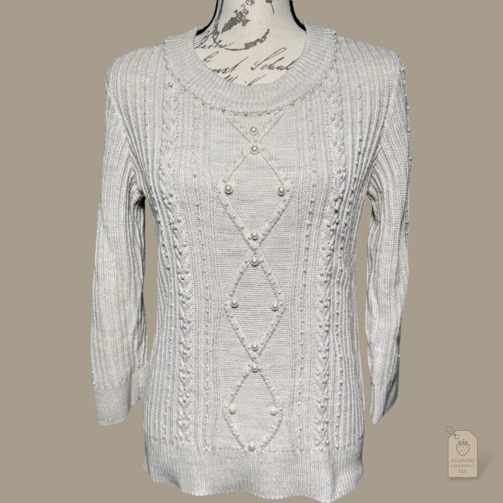 Karl Lagerfeld Paris Sweater XS Ivory Pearl Embellished Cable Knit Crew Neck